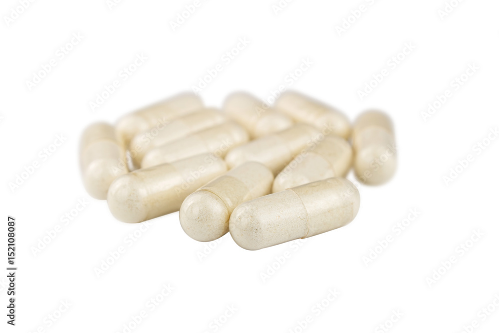 Capsules of glucosamine chondroitin, healthy supplement pills isolated on white background Capsules of glucosamine chondroitin, healthy supplement pills isolated on white background