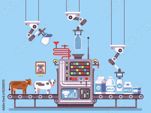 Milk manufacturing, stage processing on conveyor, dairy products industrial management vector concept
