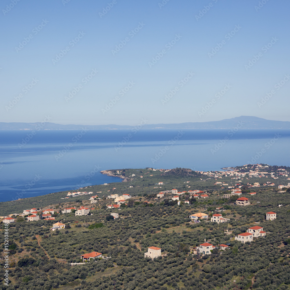 village of stoupa seen from the mountains behind it on part of peloponnese called mani in greece