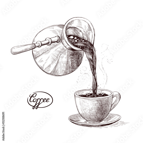 Vector sketch illustration of fresh brewed hot and flavored morning coffee from the turks poured into the cup. Drink with splashes and steam pouring into the bowl. Imitation vintage engraving.