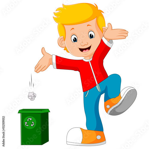 Boy character throws garbage in trash