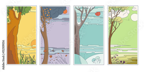 Set bright flat vector natural backgrounds. Four seasons. Hot summer day, rainy autumn falling leaves, frosty snowy winter twilight in the forest and sun flower fields. Landscape at 4 times the year