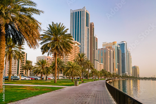 Sharjah. In the summer of 2016. The cultural capital of the UAE, a modern urban metropolis at the dawn of day.
