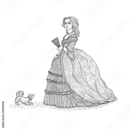 Vector vintage sketch illustration imitating engraving. Gentlewoman Victorian epoch 19th century. The lady in the rich lush dress with crinoline and lace, holding a fan, with a small fluffy lapdog.
