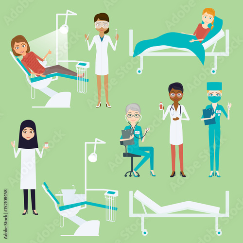 Doctor or nurse woman character set. Cartoon vector flat infographic illustration. Girl medic different race and nationalities with medical instruments. Hospital bed with patients and dental chair.