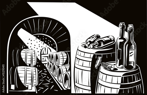 Cellar, crammed with the wine barrels. In the foreground a few bottles of red wine and a corkscrew.