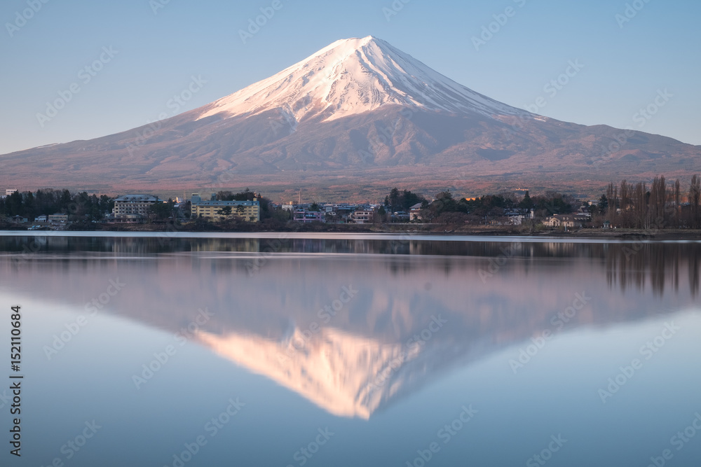 Mt.Fuji at Lake kawaguchiko in japan. Mt.fuji reflection on sunrise.