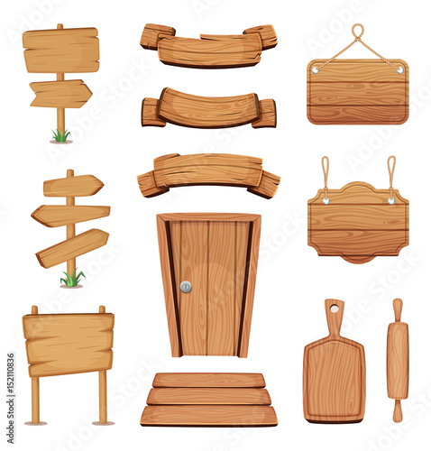 Fototapeta Naklejka Na Ścianę i Meble -  Vector illustration of wooden signboards, doors, plates and other different shapes with wood texture