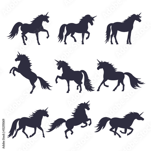 Fototapeta Naklejka Na Ścianę i Meble -  Mythology illustrations set of unicorns silhouette in different poses. Vector pictures of medieval black horses