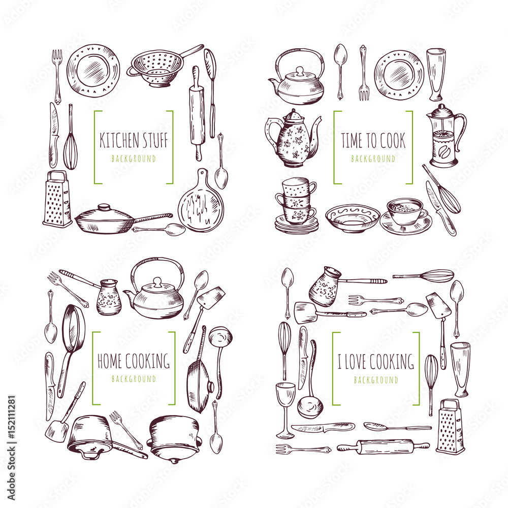 Kitchen elements frames and place for your text. Food vector background ...