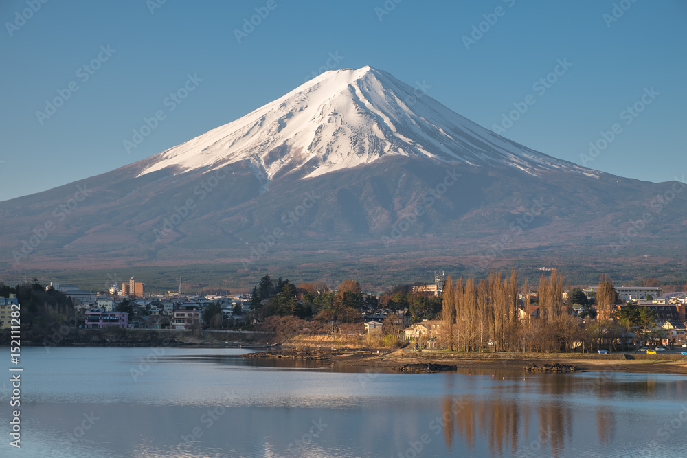 Fuji mountain view in morning from  Kawaguchiko lake in spring.