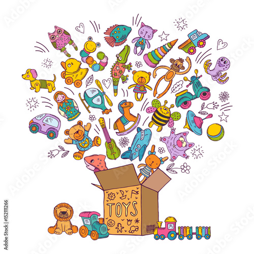 Childrens box for toys. Doodle pictures vector illustration