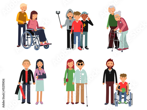 Disabled person with his helpful friends or volunteers. Vector flat style illustration of humans