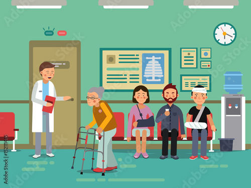 Patients and disabled peoples waiting doctor in clinical room. Vector medical illustration