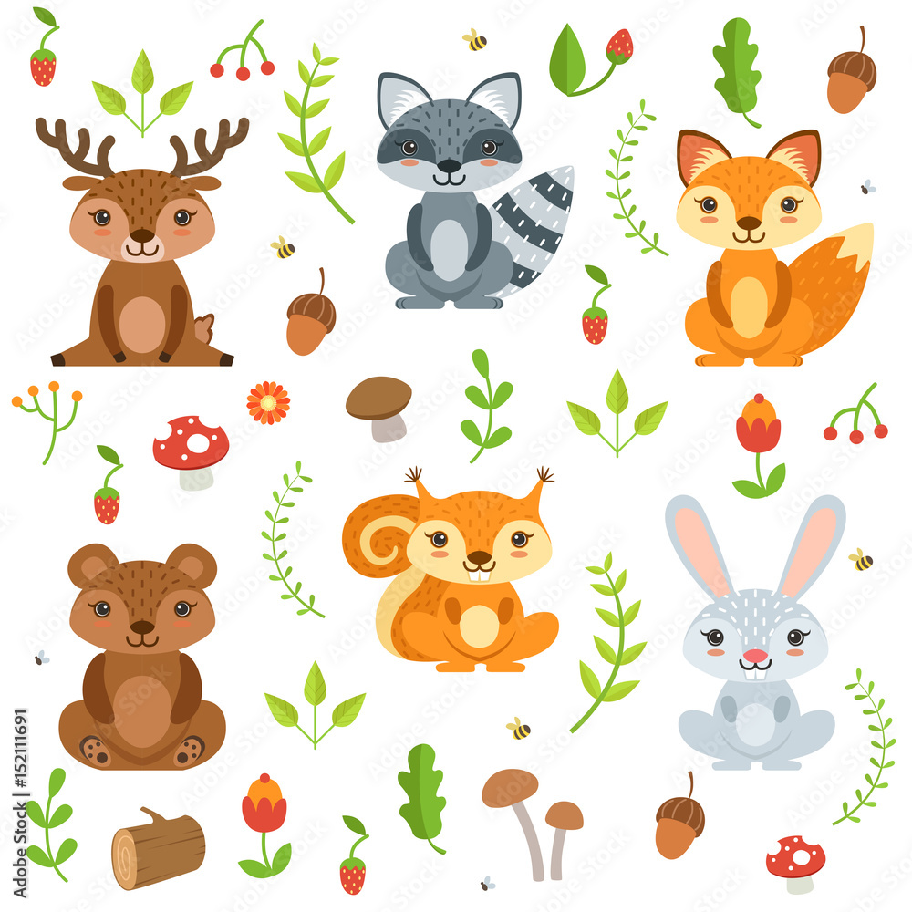 Funny forest animals and floral elements isolate on white background. Vector illustration in cartoon style Funny forest animals and floral elements isolate on white background. Vector illustration in cartoon style