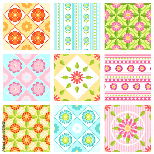 Set of floral seamless pattern with different flowers and leaves. Vector backgrounds in flat style