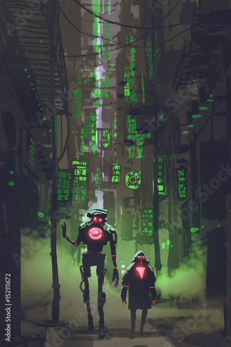 digital art with sci-fi concept of two robots walking in narrow alley with many green lights, illustration painting