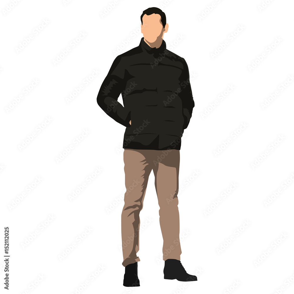 Young handsome man standing in winter clothing. Dark jacket, brown trousers. Hands in pockets. Isolated vector illustration Young handsome man standing in winter clothing. Dark jacket, brown trousers. Hands in pockets. Isolated vector illustration