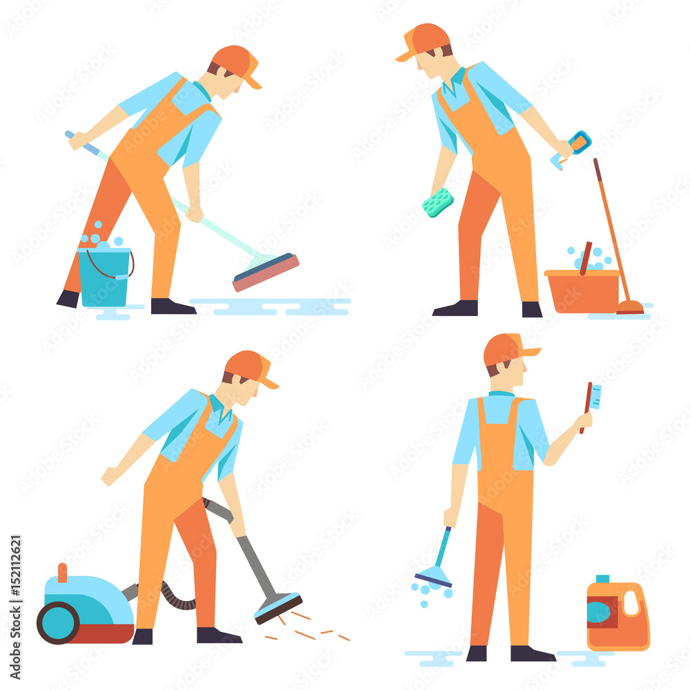Flat men staff of cleaning service isolated on white Flat men staff of cleaning service isolated on white