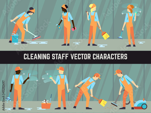 Cleaning staff - cleaning woman and man vector characters