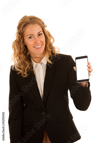 Business woman showing smart phonewith blank display for text or commercial advertisement ad photo