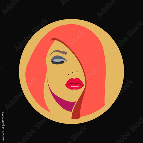 Beauty logo. Woman's face. Abstract concept. Flat design. Vector illustration, gold-black background.