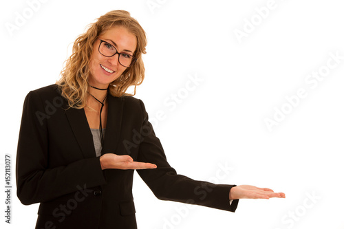 Young business womaqn pointing hands to copy space as ad advertisement for product