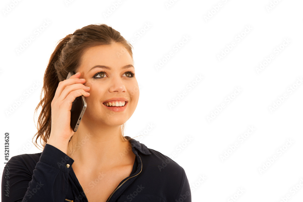 Young woman speaks on smart phone siolated over white backgrond Young woman speaks on smart phone siolated over white backgrond