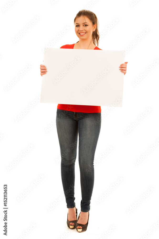 young woman holding white board isolated over white background young woman holding white board isolated over white background