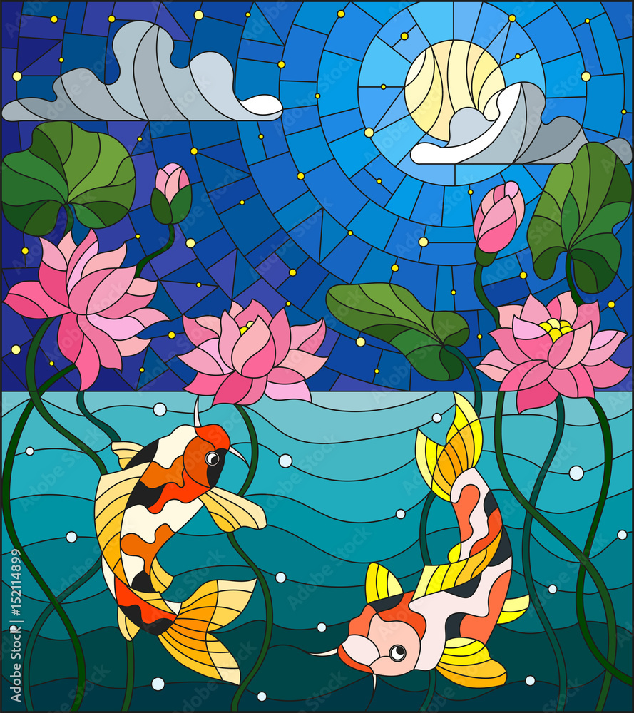 Illustration In Stained Glass Style With Koi Fish And Lotus Flowers On A Background Of The Starry Sky And Water Stock Vector Adobe Stock