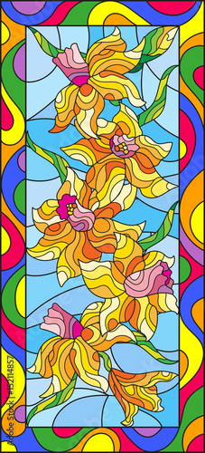 Fototapeta Naklejka Na Ścianę i Meble -  Illustration in stained glass style with daffodils on blue background,vertical orientation