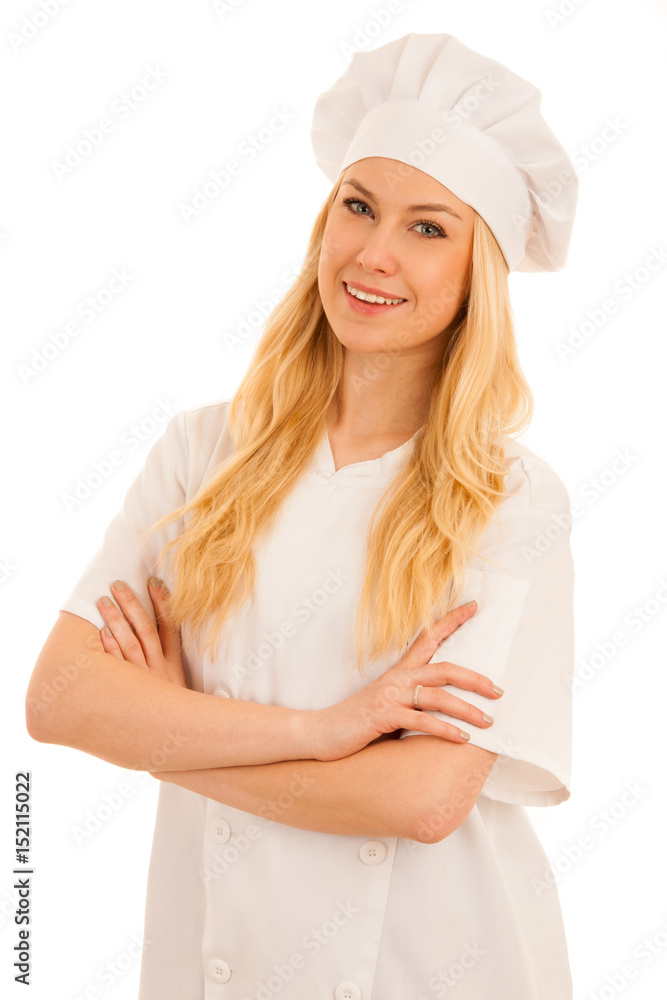 young beautiful blonde chef woman standing isolated over white background - professionla cook young beautiful blonde chef woman standing isolated over white background - professionla cook