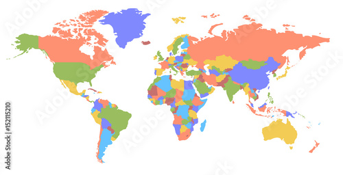 Color world map. Political map. Every country is isolated.