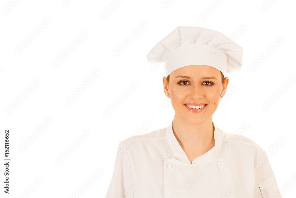 Beautiful young chef woman in uniform isolated over white background Beautiful young chef woman in uniform isolated over white background