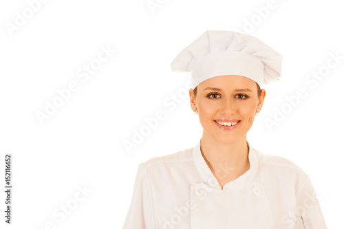 Beautiful young chef woman in uniform isolated over white background