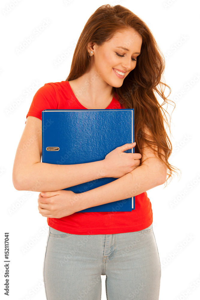 attractive student holding folders isolated over white background attractive student holding folders isolated over white background
