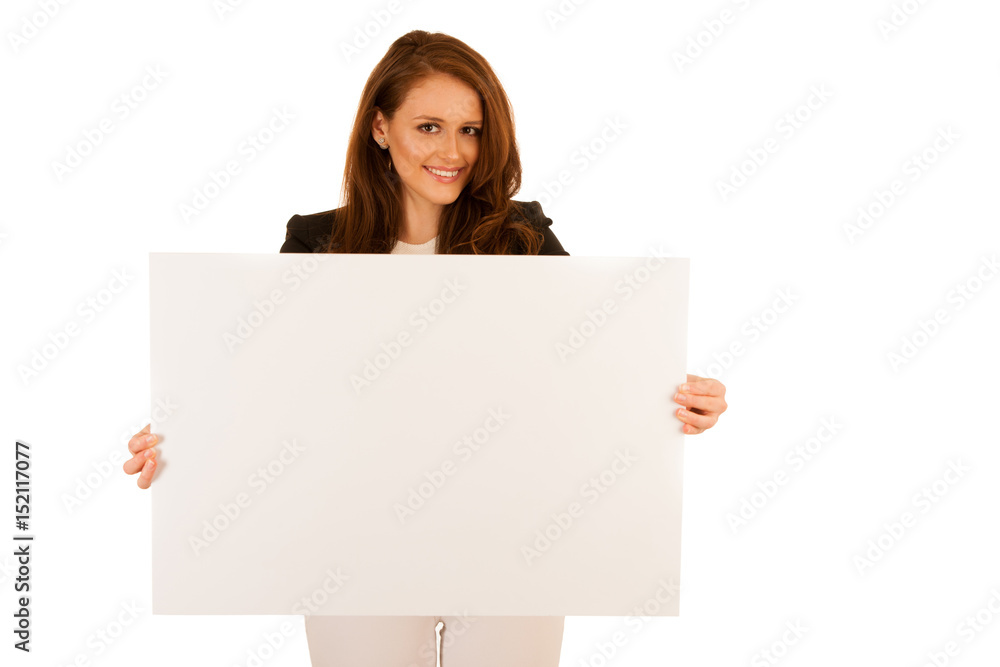 attractive business woman holding white banner with copy spave for additional text or graphic isolated over white attractive business woman holding white banner with copy spave for additional text or graphic isolated over white