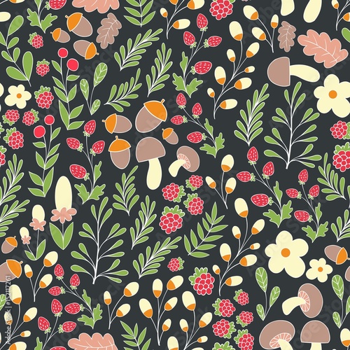 Forest pattern. Vector seamless pattern with flowers, mushrooms and forest plants