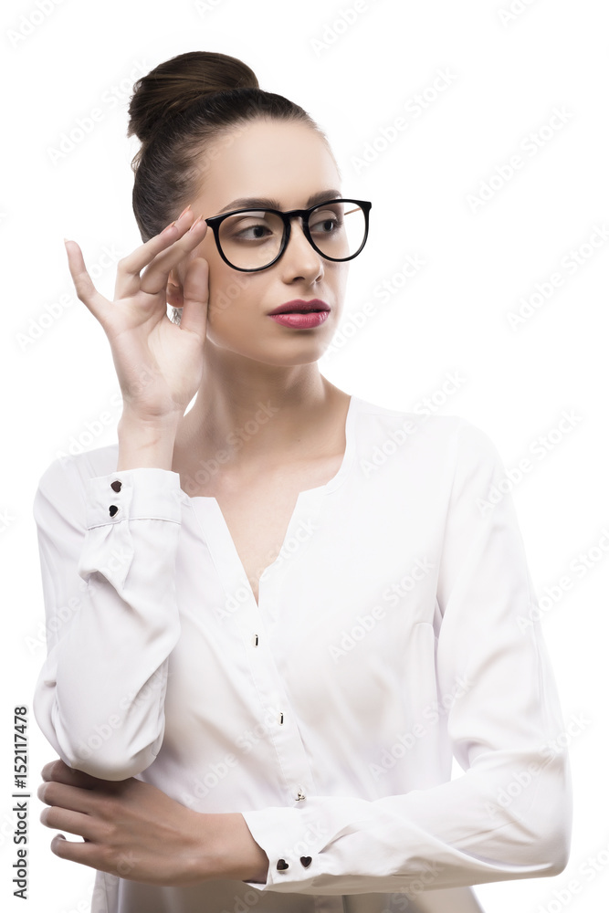 female portrait in glasses on a white background female portrait in glasses on a white background
