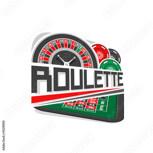 Vector logo for Roulette gamble: wheel of european or french roulette, colorful chips, inscription title text - roulette, abstract icon with playing table for gambling game, art symbol for casino club