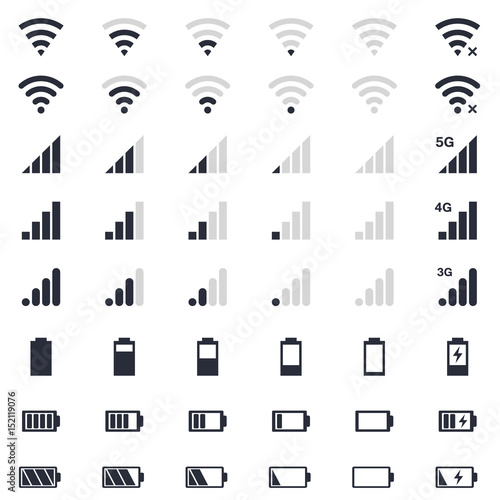 battery energy icon, wi-fi signal, mobile signal level icons set