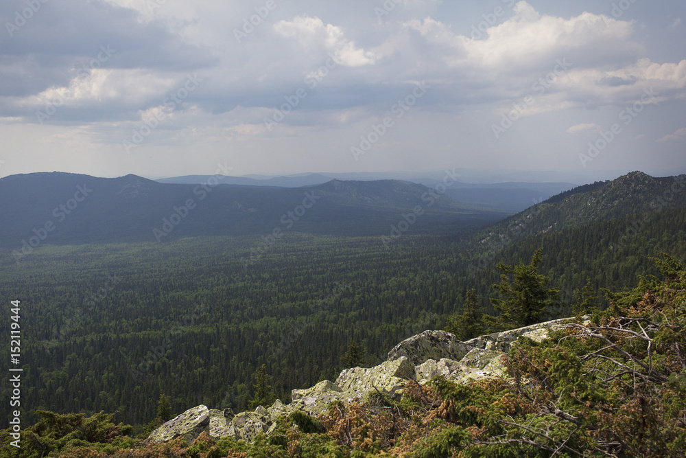 Panoramic view of the mountains and cliffs, South Ural. Summer in the mountains.View from the mountains.