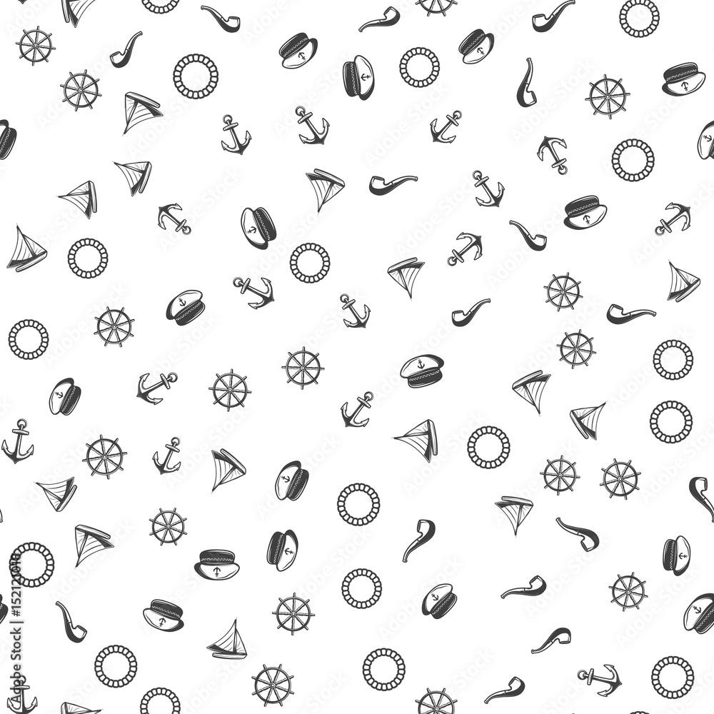 Nautical vector seamless pattern: anchor and steering wheel. Boat, Captain's cap Nautical vector seamless pattern: anchor and steering wheel. Boat, Captain's cap