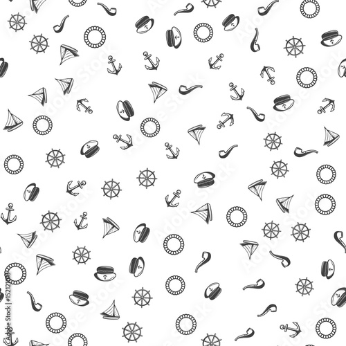 Nautical vector seamless pattern: anchor and steering wheel. Boat, Captain's cap