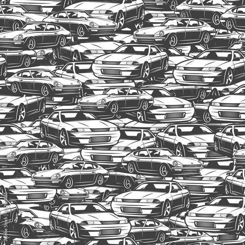 Vintage car seamless pattern, black and white retro cartoon background, monochrome drawing. vector wallpaper illustration photo