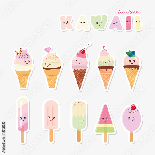 Kawaii ice cream set. Sweets isolated on white.