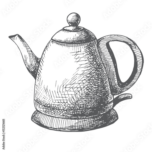 Electric kettle isolated on white background. Vector illustration of a sketch style.