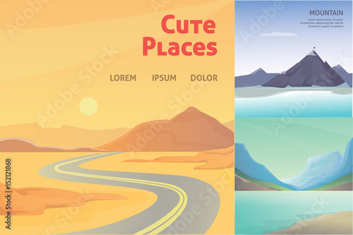 Set Cute Cartoon landscapes with mountain. vector collection of nature photo