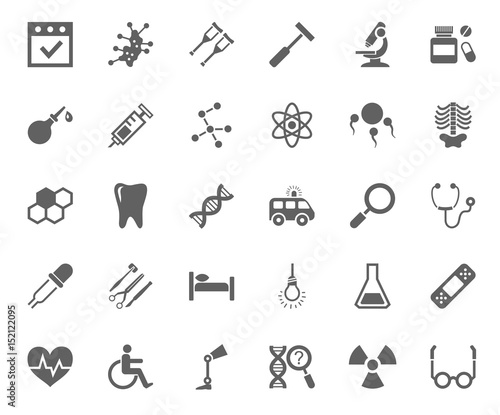 Medicine, icons, monochrome, vector.  Medical services specialization. The profession of doctors. Medical instruments. Dark grey, flat pictures on a white background. 