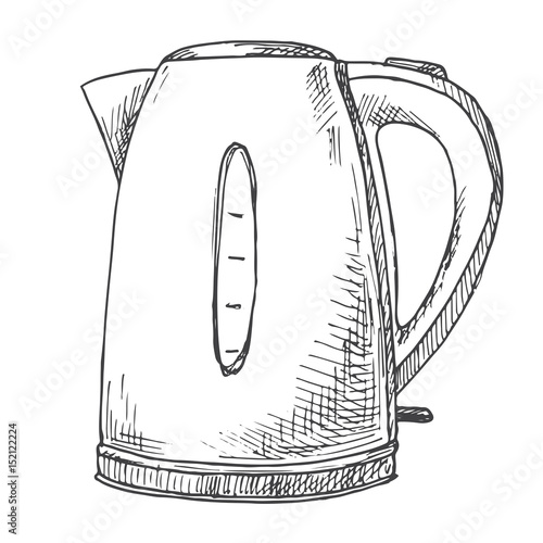 Electric kettle isolated on white background. Vector illustration of a sketch style.